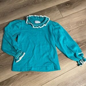 Vintage OshKosh B’Gosh Girl’s 6 Teal Long Sleeve Top with Lace Trim Made in USA